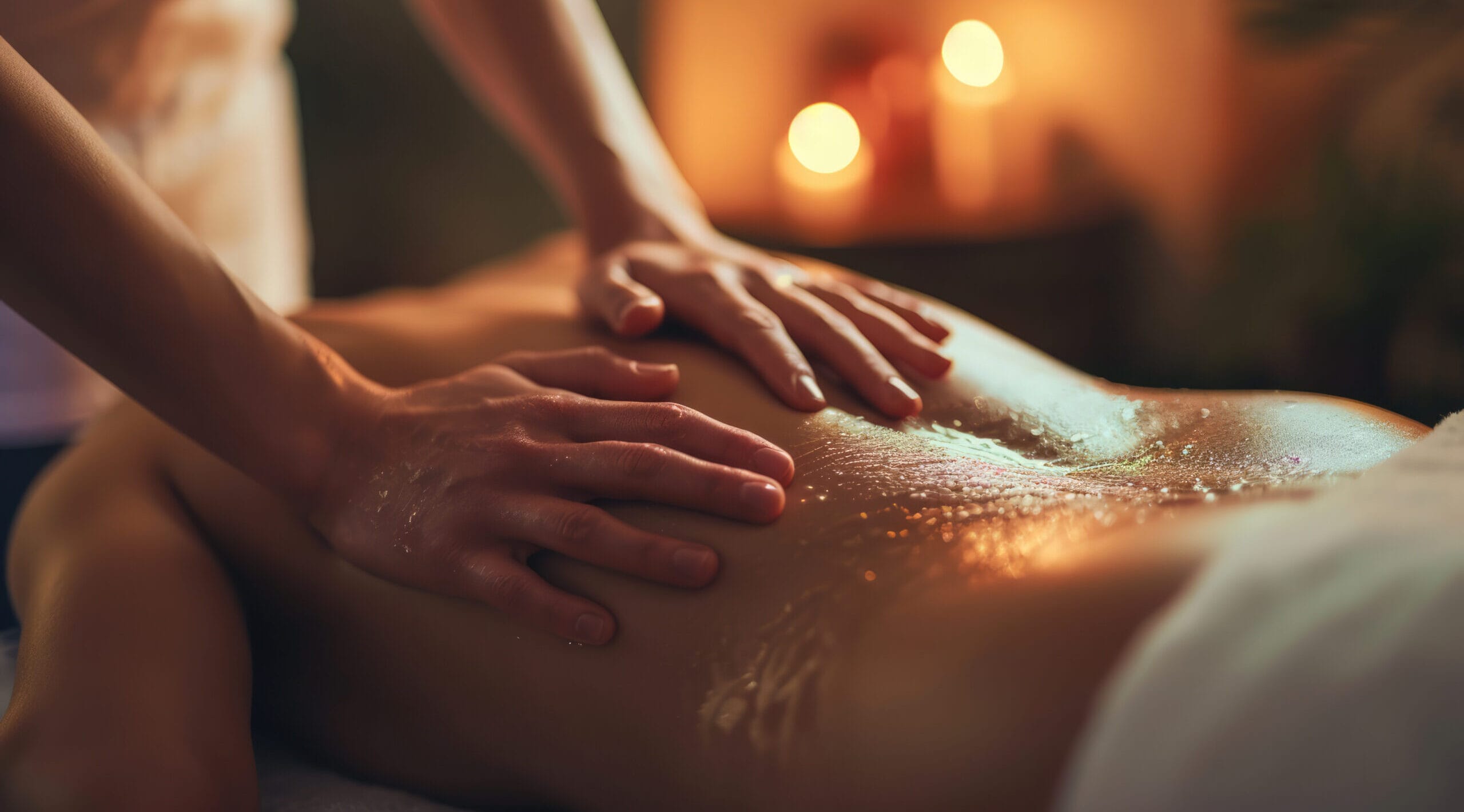 Close-up of a man receiving therapeutic, relaxing back massage in a serene spa setting.