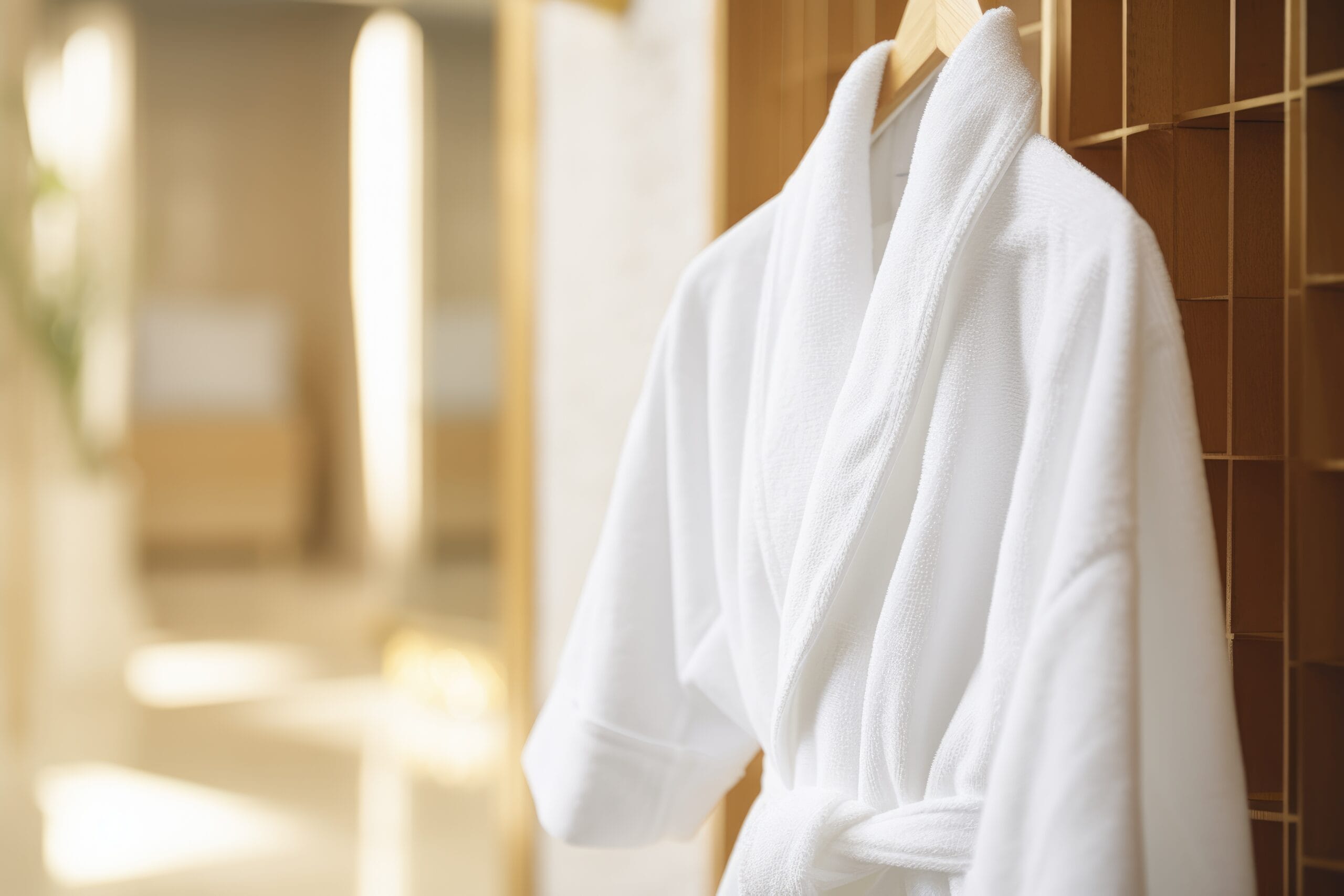 A serene bathroom atmosphere with a plush white bathrobe hanging, soft natural light casting plant shadows, and spa essentials on the side.